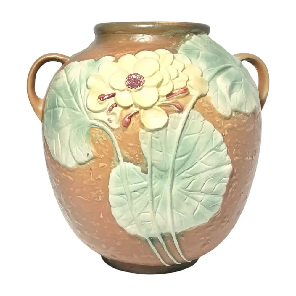 Roseville Pottery Reproduction Yellow Primrose Flower Double Handle Vase 9”